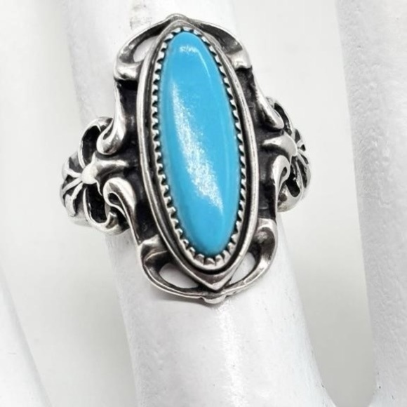 Vintage Sterling Silver Turquoise Ring Size 5.25 – Oval Cabochon Southwestern - Picture 1 of 3